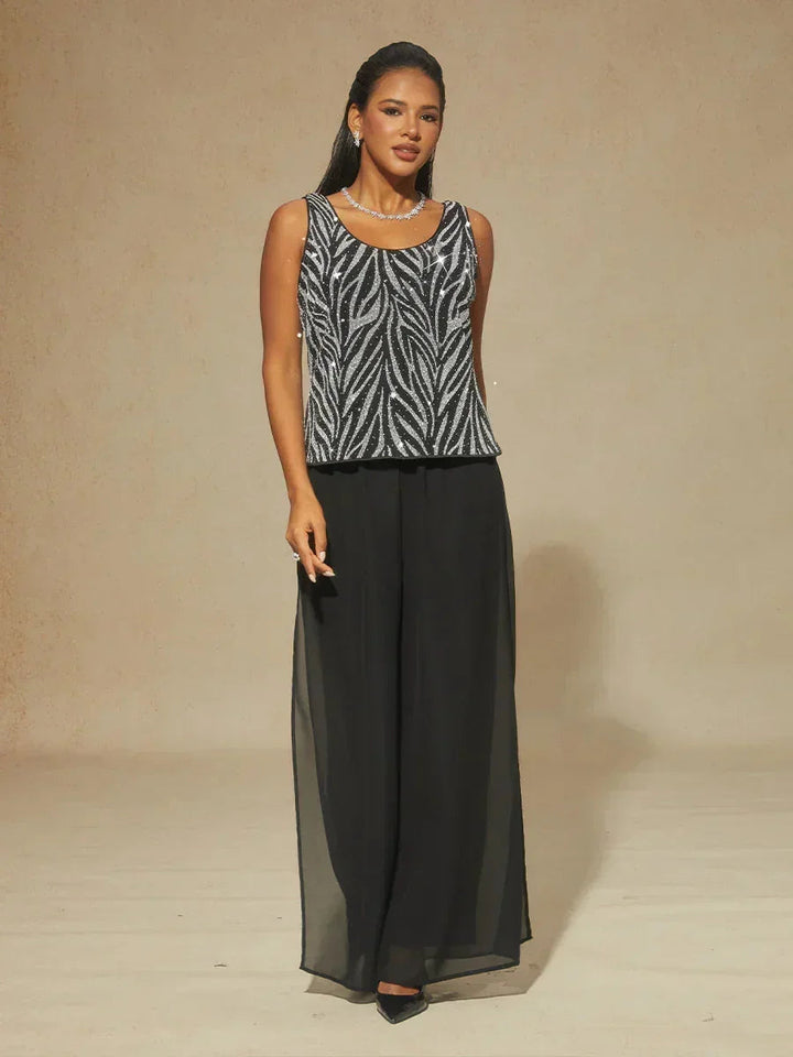 Mandarin Collar Zebra Twinset And Pants 3 Piece Sets