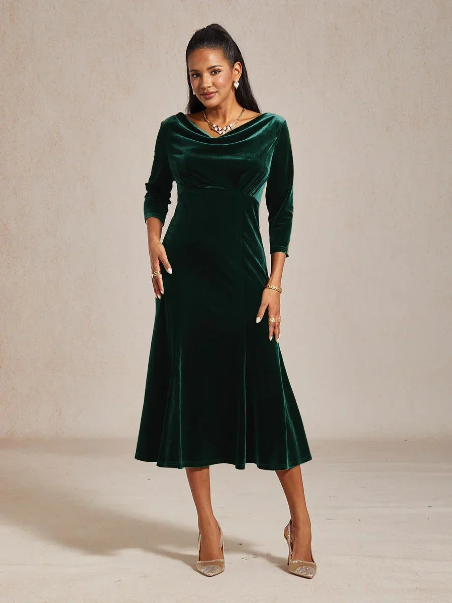 High-Stretch Velvet Sleeveless Midi Dress with Cowl Neck