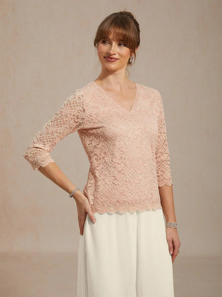 Feminine V-Neck Stretch Lace Top with Scalloped Hem