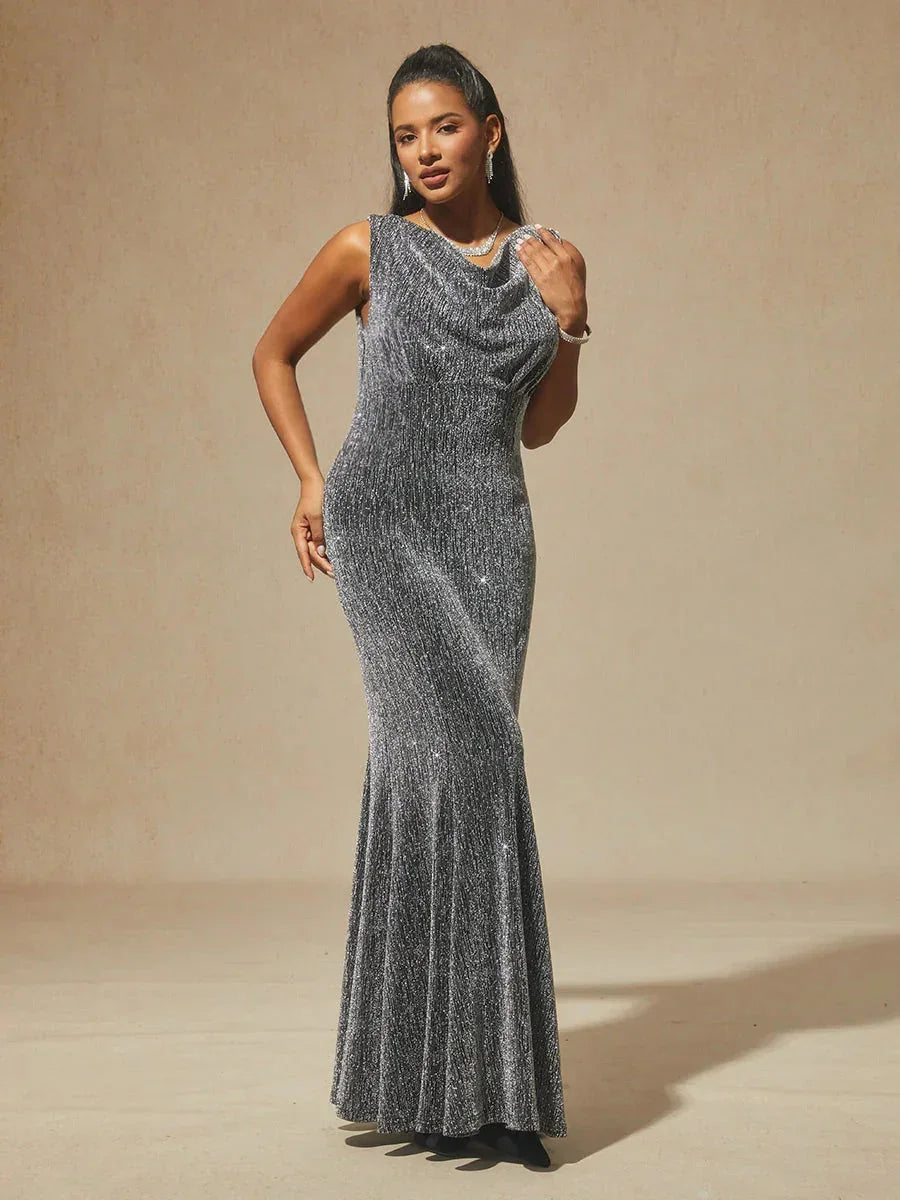 High-Stretch Velvet Sleeveless Midi Dress with Cowl Neck