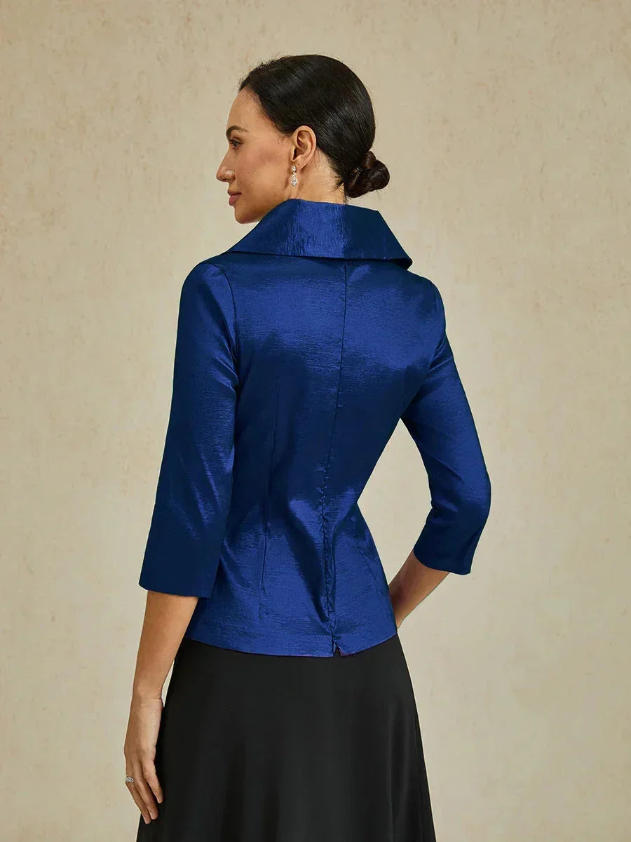 3/4 Sleeve Stretch Taffeta Blouse with Tie Waist Detail