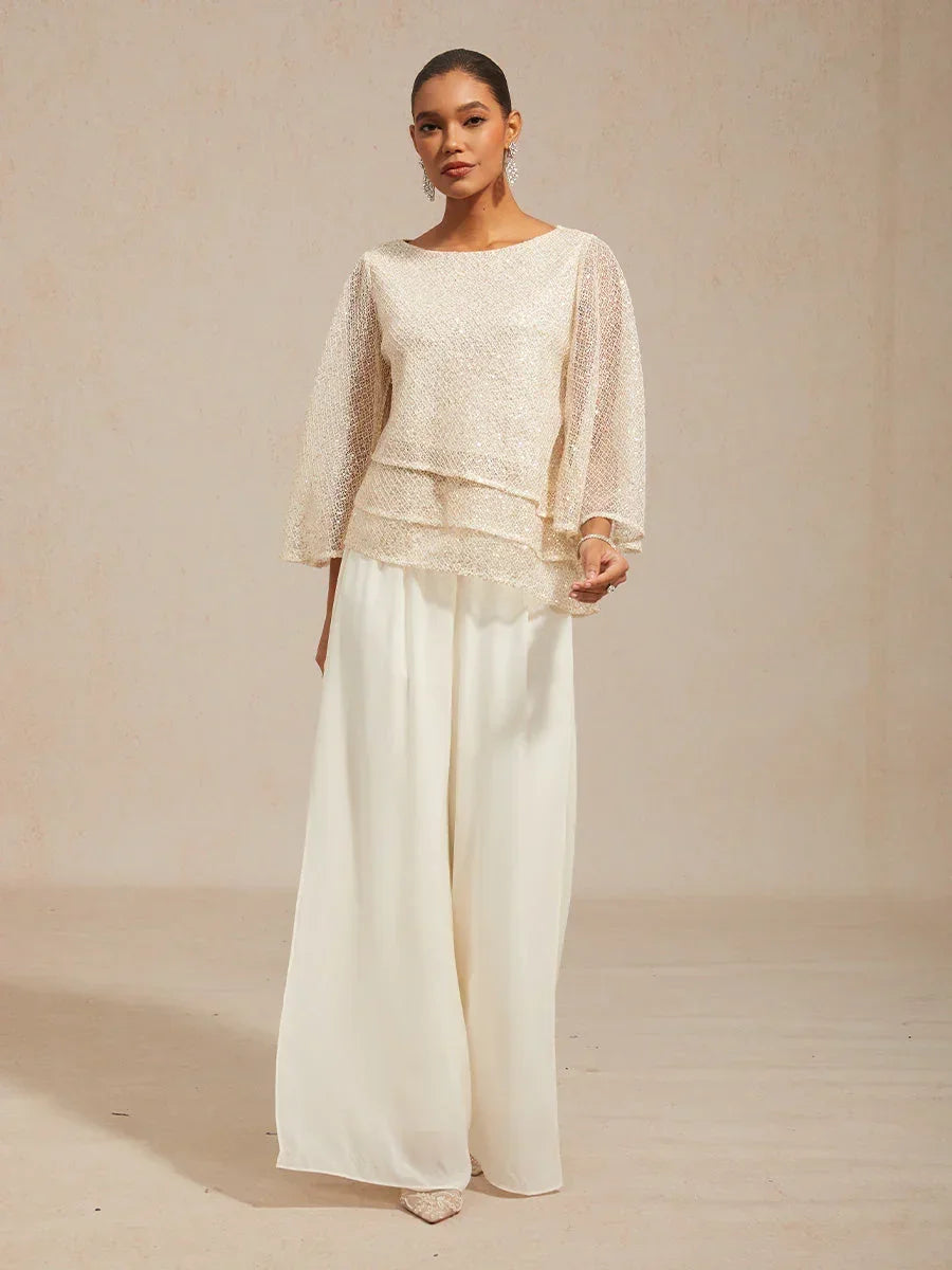 Mesh Sequin Layered Top Chiffon Pant Suits