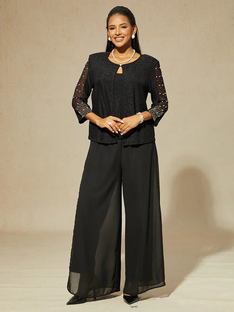Beaded 3/4 Sleeve Metallic Knit Blouse