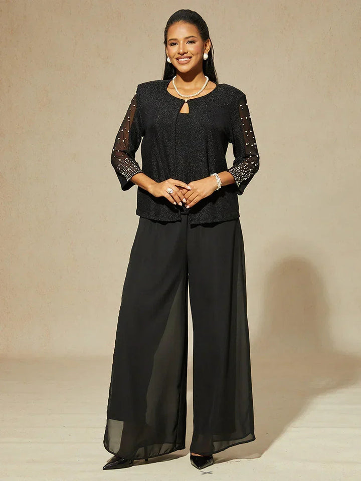 Beaded 3/4 Sleeve Metallic Knit Blouse