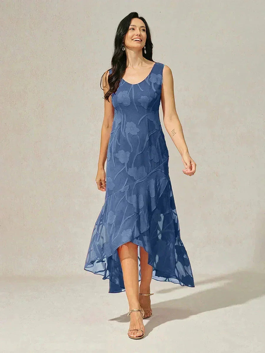 Floral Chiffon Sleeveless Evening Gown with Asymmetrical Hem