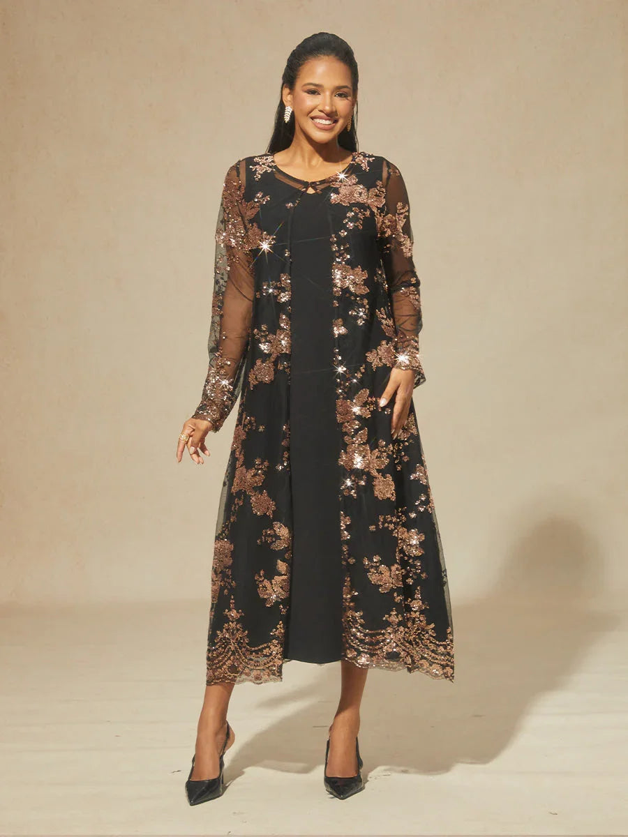 Long Sequin Embroidered Jacket with Baroque Floral Pattern