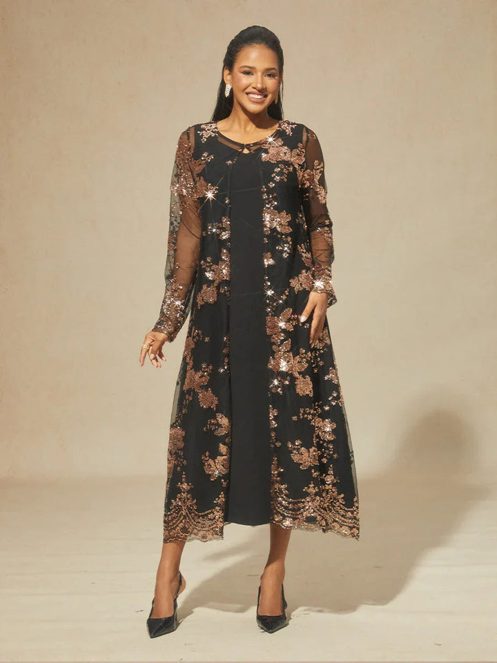 Long Sequin Embroidered Jacket with Baroque Floral Pattern