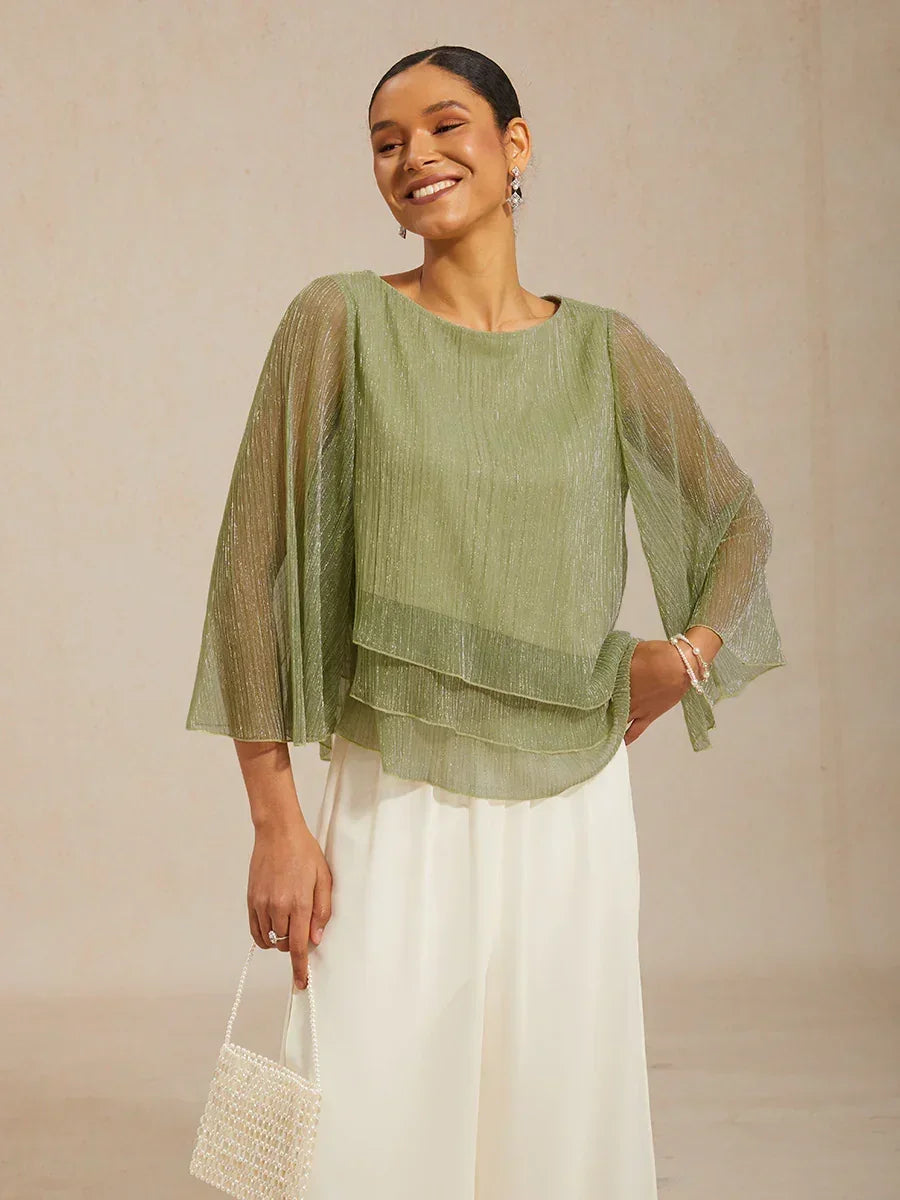 Chiffon Asymmetrical Layered Blouse And Pant Suits