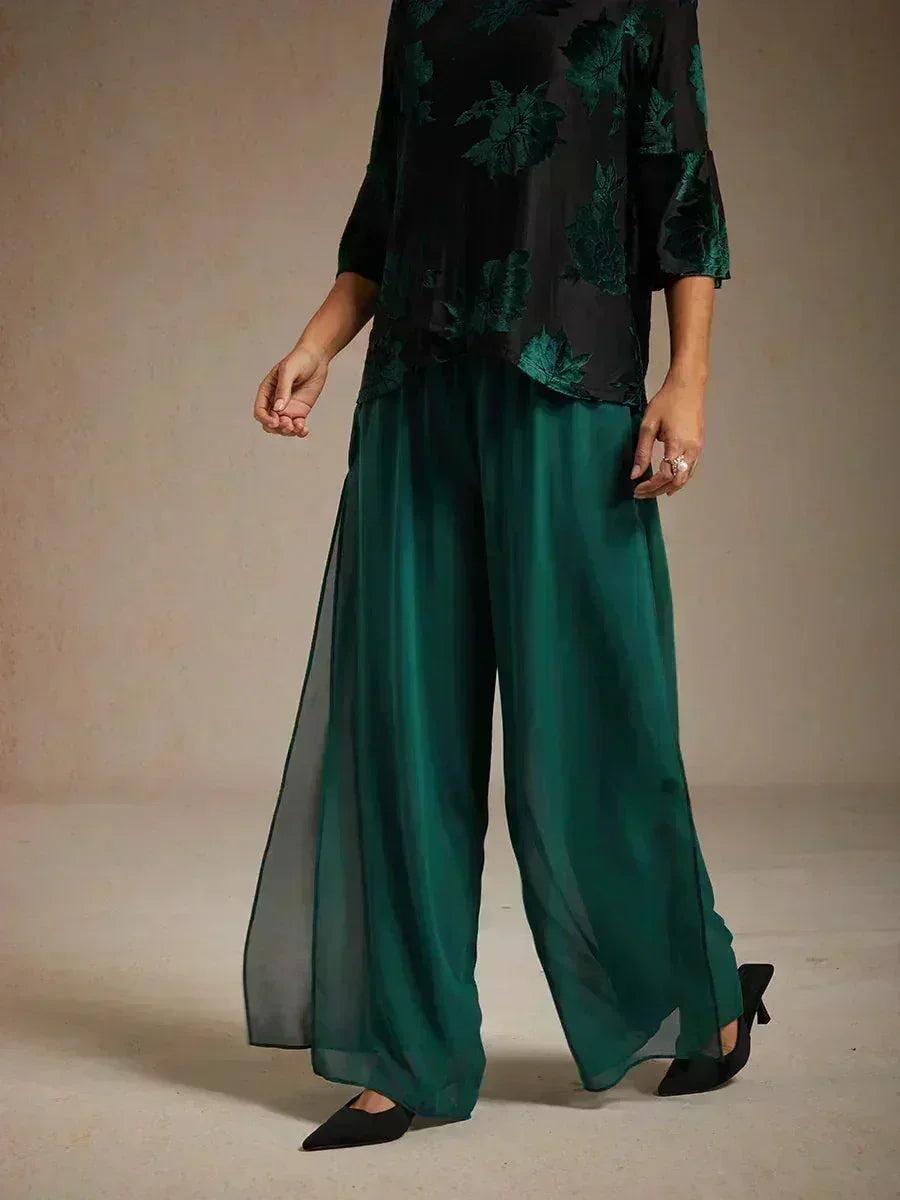 Rechte broek met chiffon split been overlay