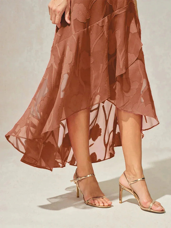 Floral Chiffon Sleeveless Evening Gown with Asymmetrical Hem