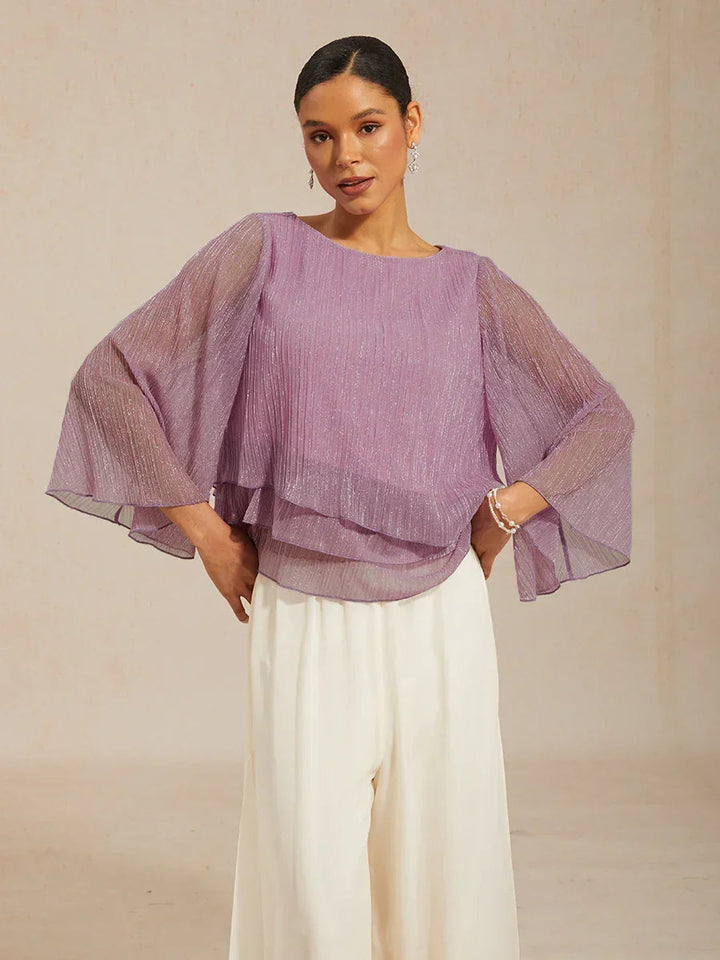 Metallic Pleated Chiffon Asymmetrical Layered Blouse