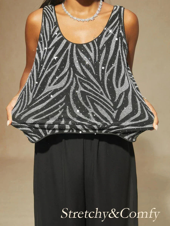 Mandarin Collar Zebra Twinset And Pants 3 Piece Sets