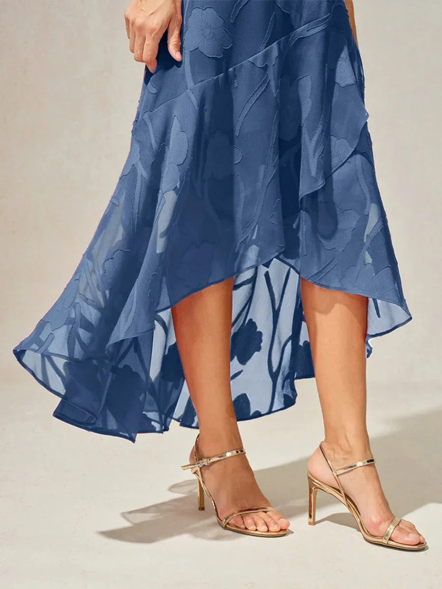 Floral Chiffon Evening Gown with Asymmetrical Hem