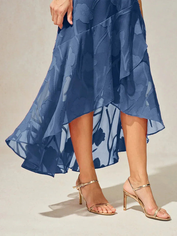 Floral Chiffon Evening Gown with Asymmetrical Hem