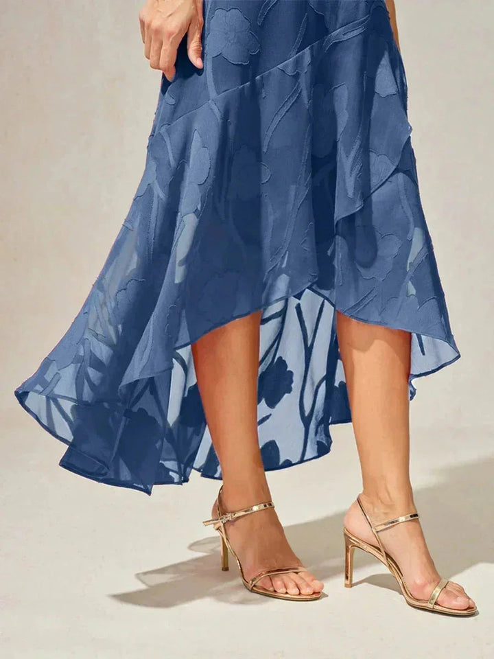 Floral Chiffon Sleeveless Evening Gown with Asymmetrical Hem