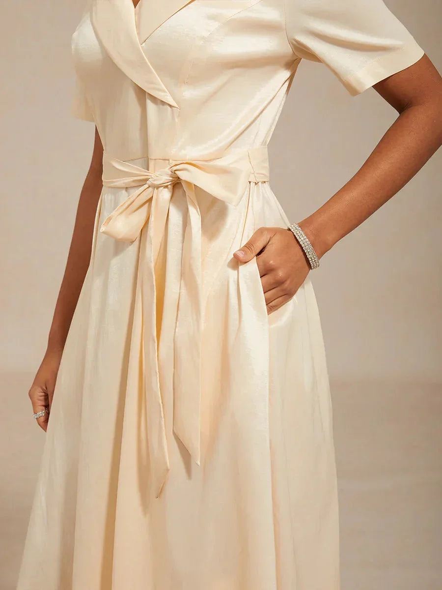 Collar Stretch Taffeta Dress with Tie Waist Belt
