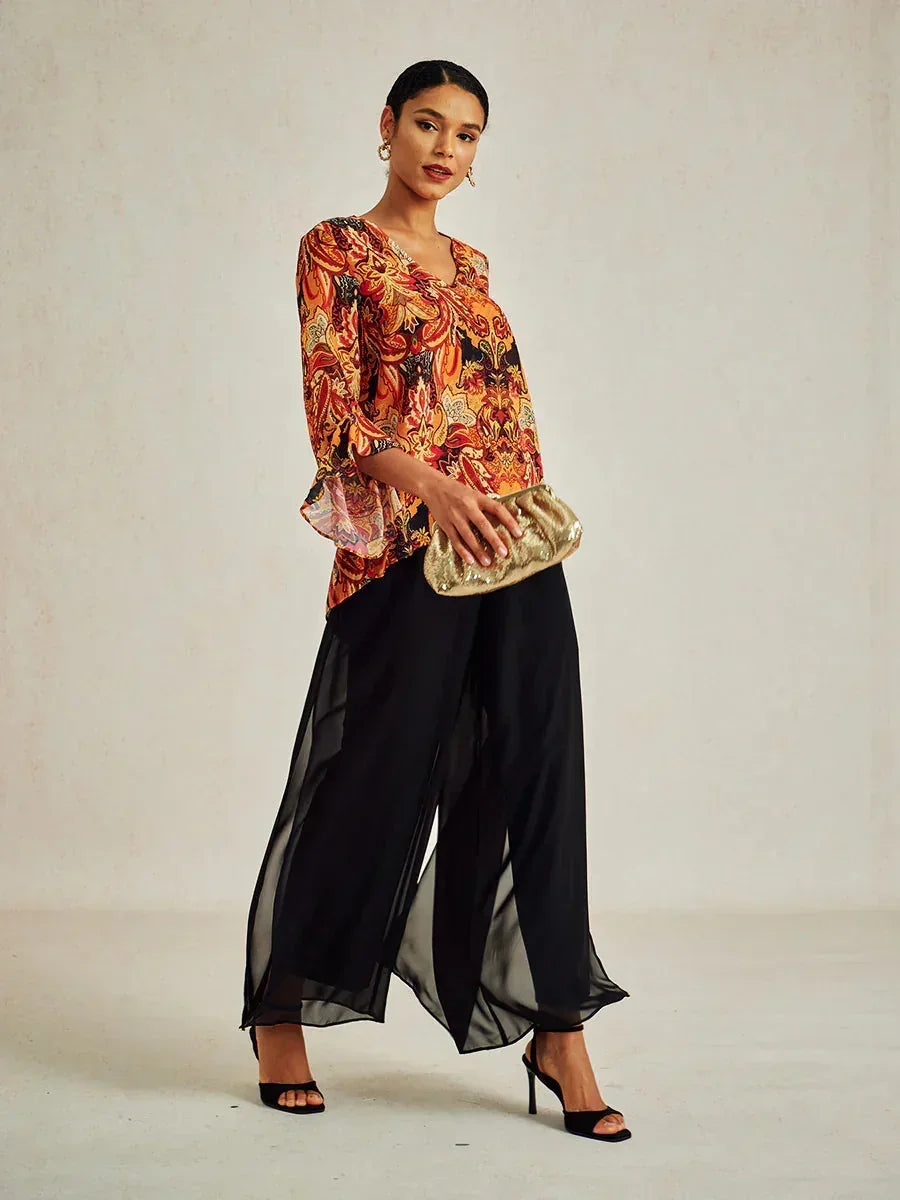 Boho Chiffon Ruffle Sleeve Blouse And Pant Suits