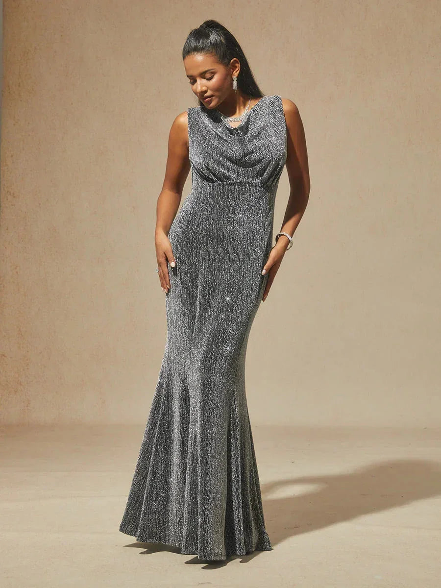High-Stretch Velvet Sleeveless Midi Dress with Cowl Neck