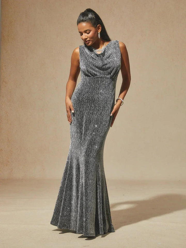 High-Stretch Velvet Sleeveless Midi Dress with Cowl Neck
