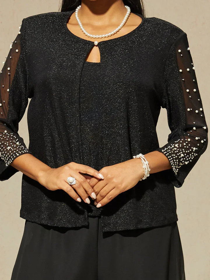Beaded 3/4 Sleeve Metallic Knit Blouse And Pant Suits