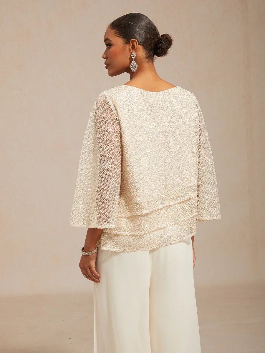 Mesh Sequin Layered Top Chiffon Pant Suits