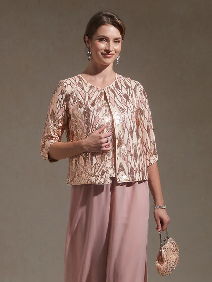 Sequin Beaded Mock Jackets Twinset And Chiffon Pant Suits