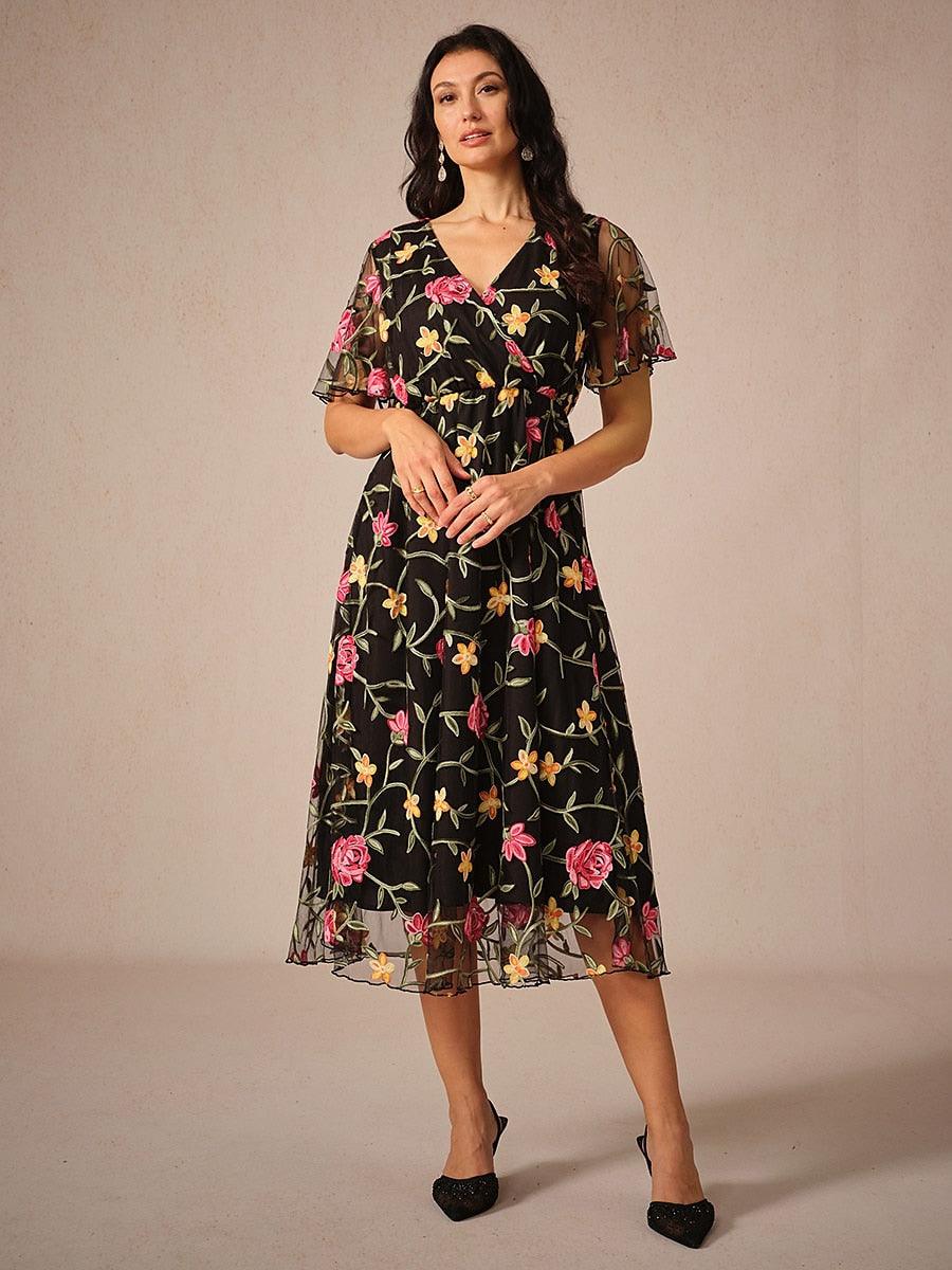 Floral Embroidery Mesh Midi Dress