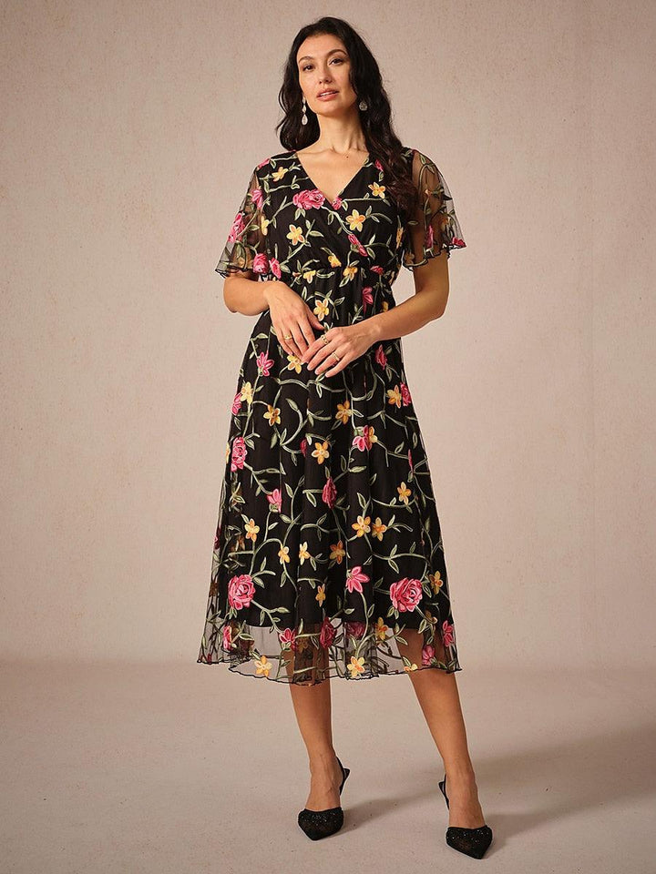 Floral Embroidery Mesh Midi Dress