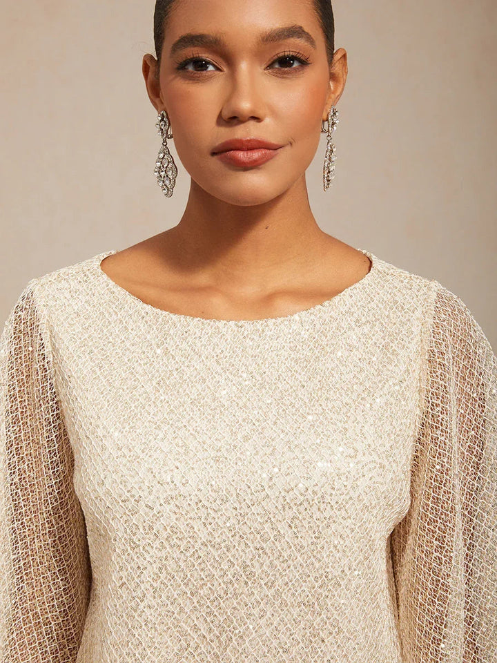 Mesh Sequin Layered Top Chiffon Pant Suits