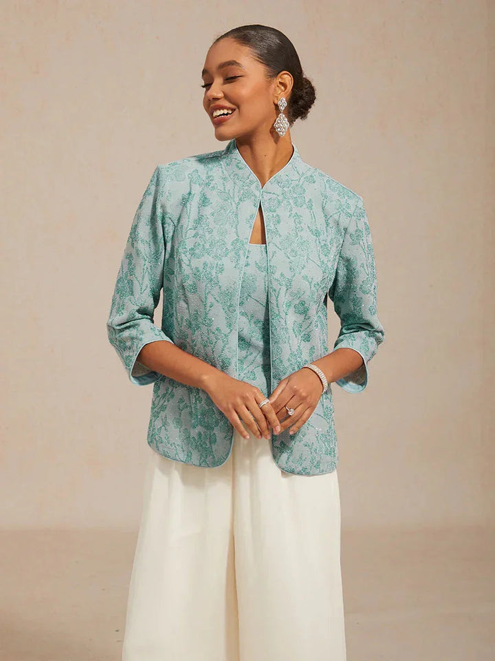 Elegant Mandarin Collar Twinset with Rhinestone-Embellished Zebra Print