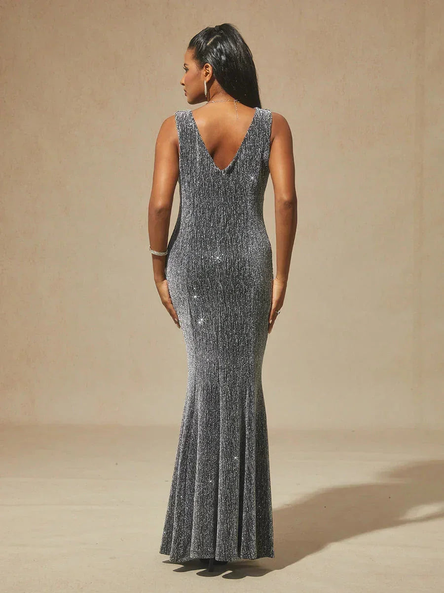 High-Stretch Velvet Sleeveless Midi Dress with Cowl Neck