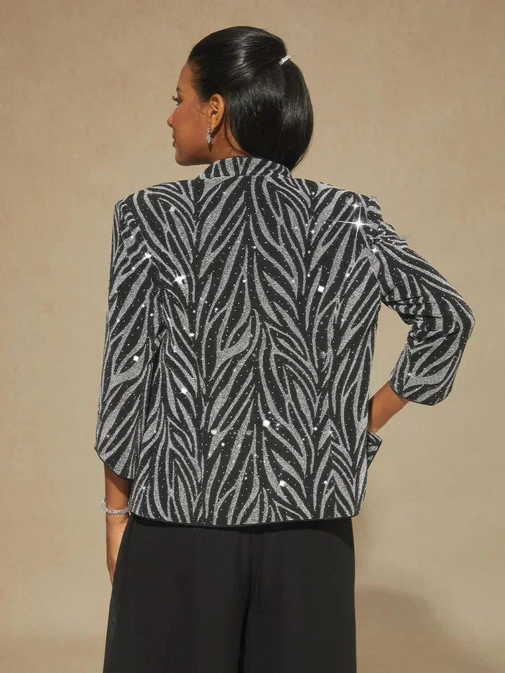 Elegant Mandarin Collar Twinset with Rhinestone-Embellished Zebra Print