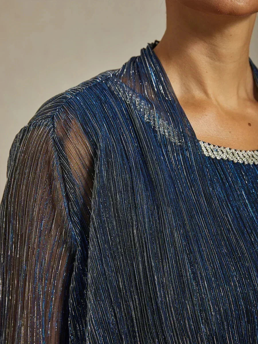 Metallic Pleated Chiffon Long Jacket with Layered Design