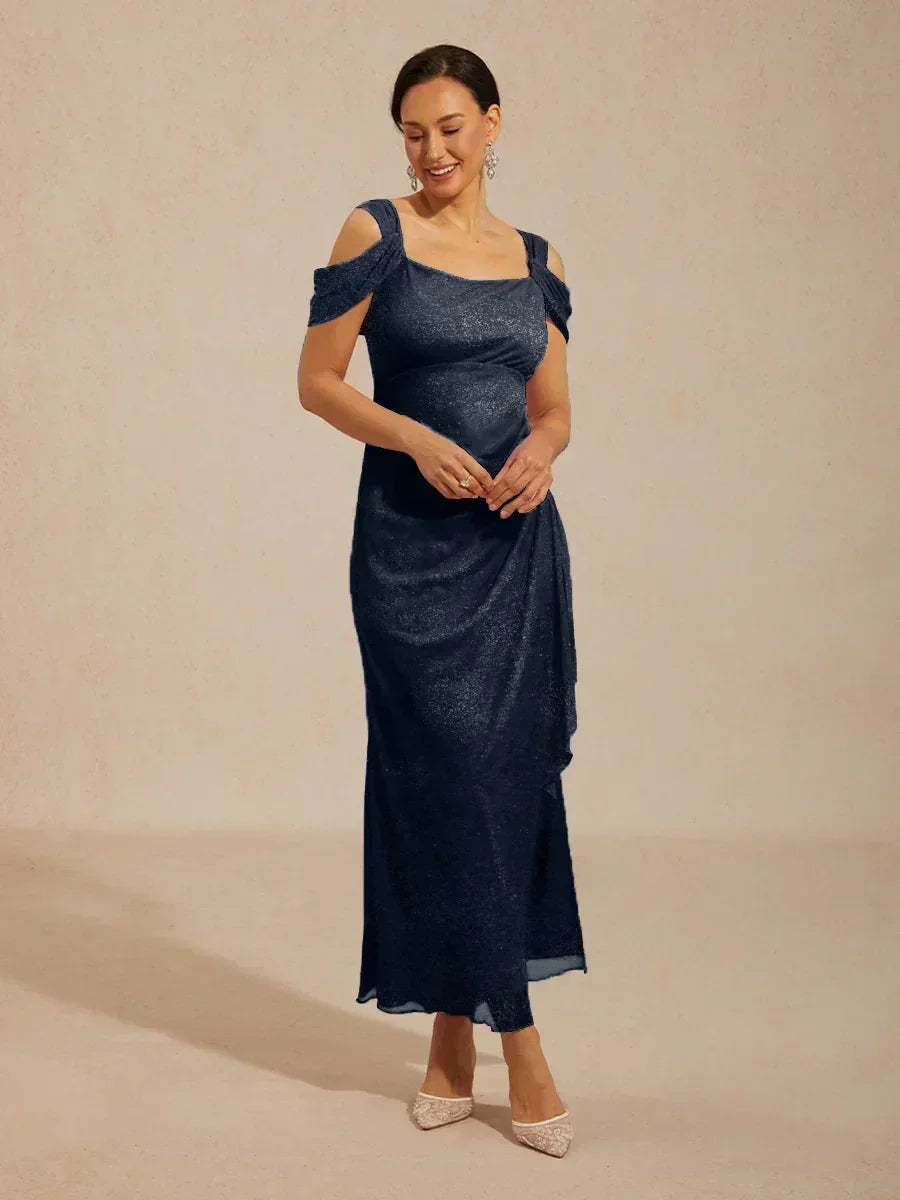 Ankle-Length Cold Shoulder Glitter Mesh Dress