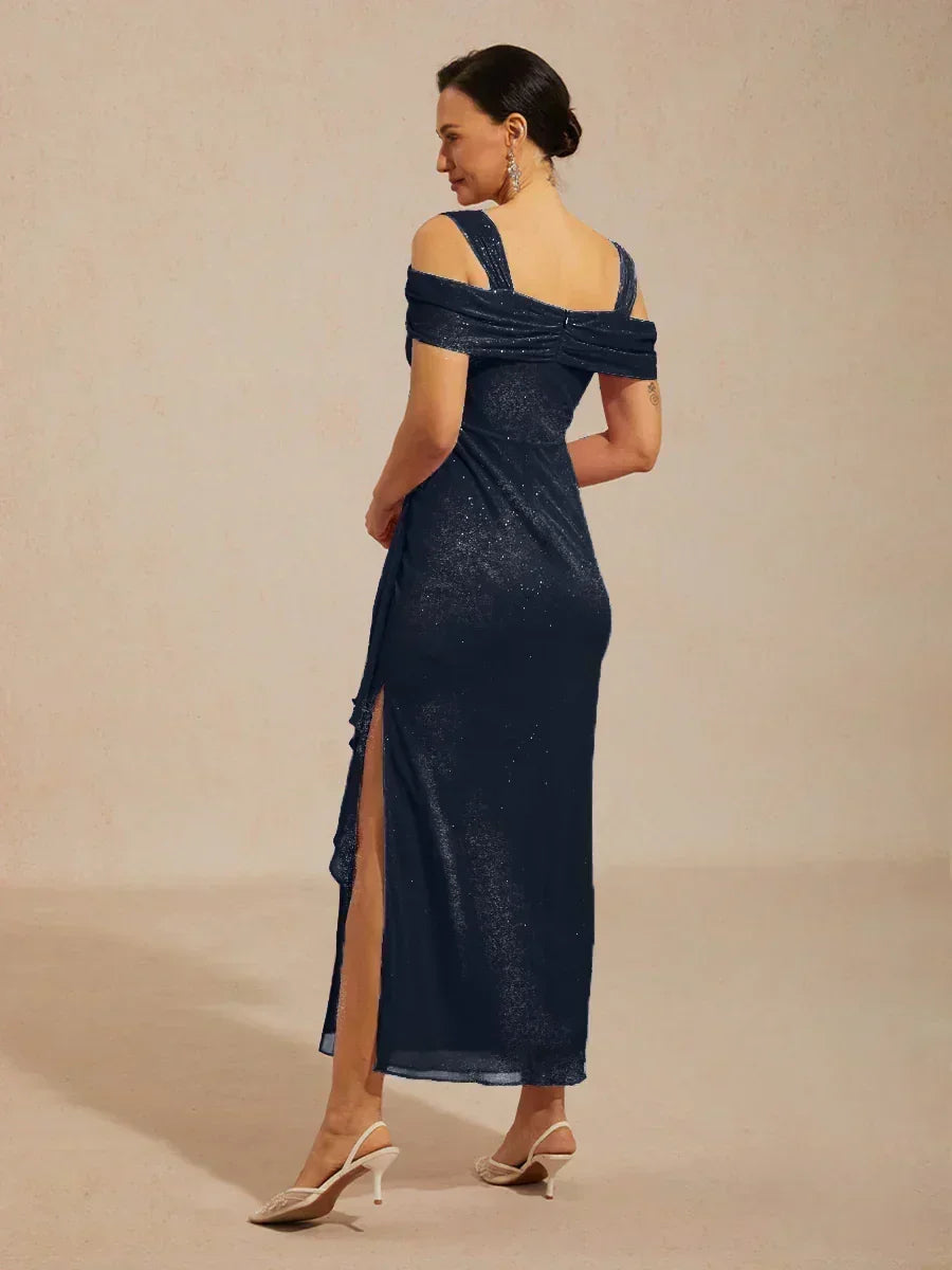 Ankle-Length Cold Shoulder Glitter Mesh Dress