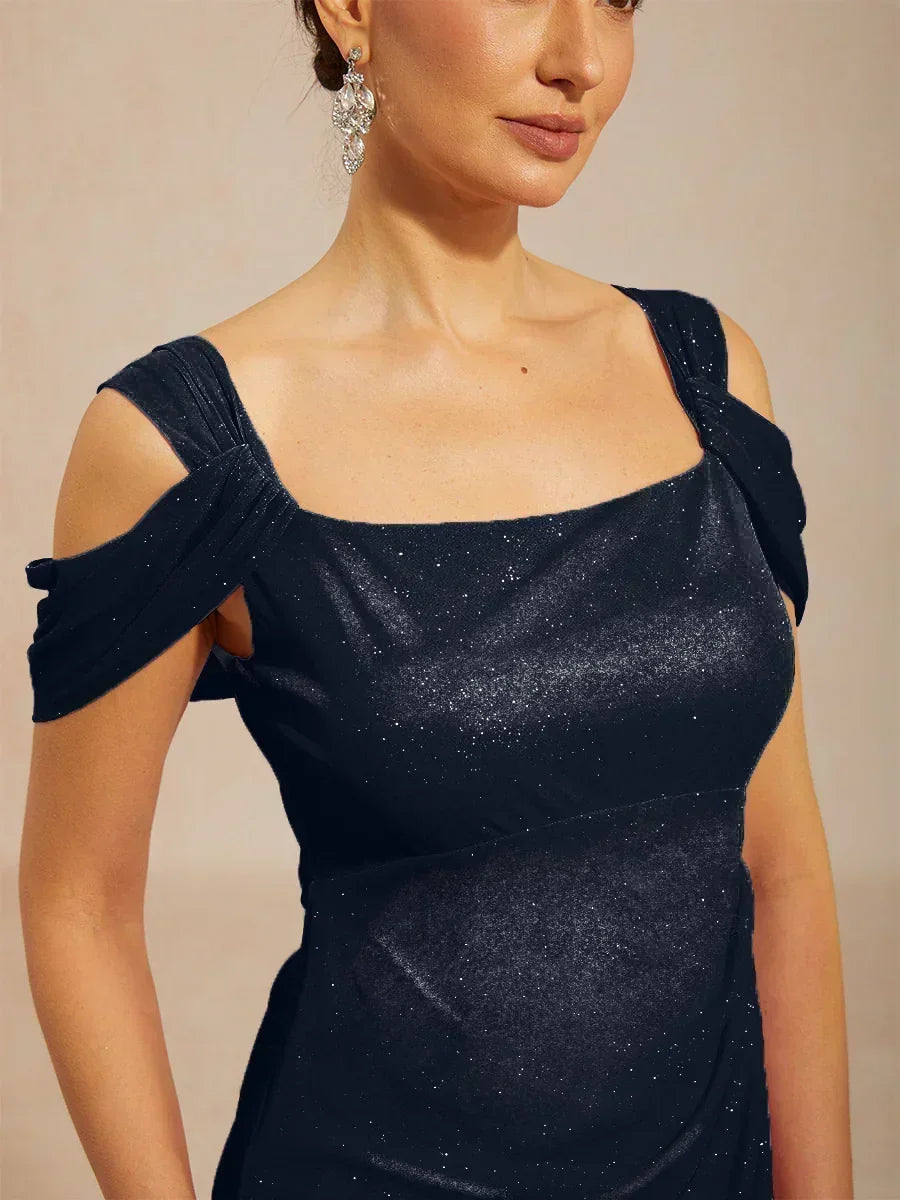 Ankle-Length Cold Shoulder Glitter Mesh Dress