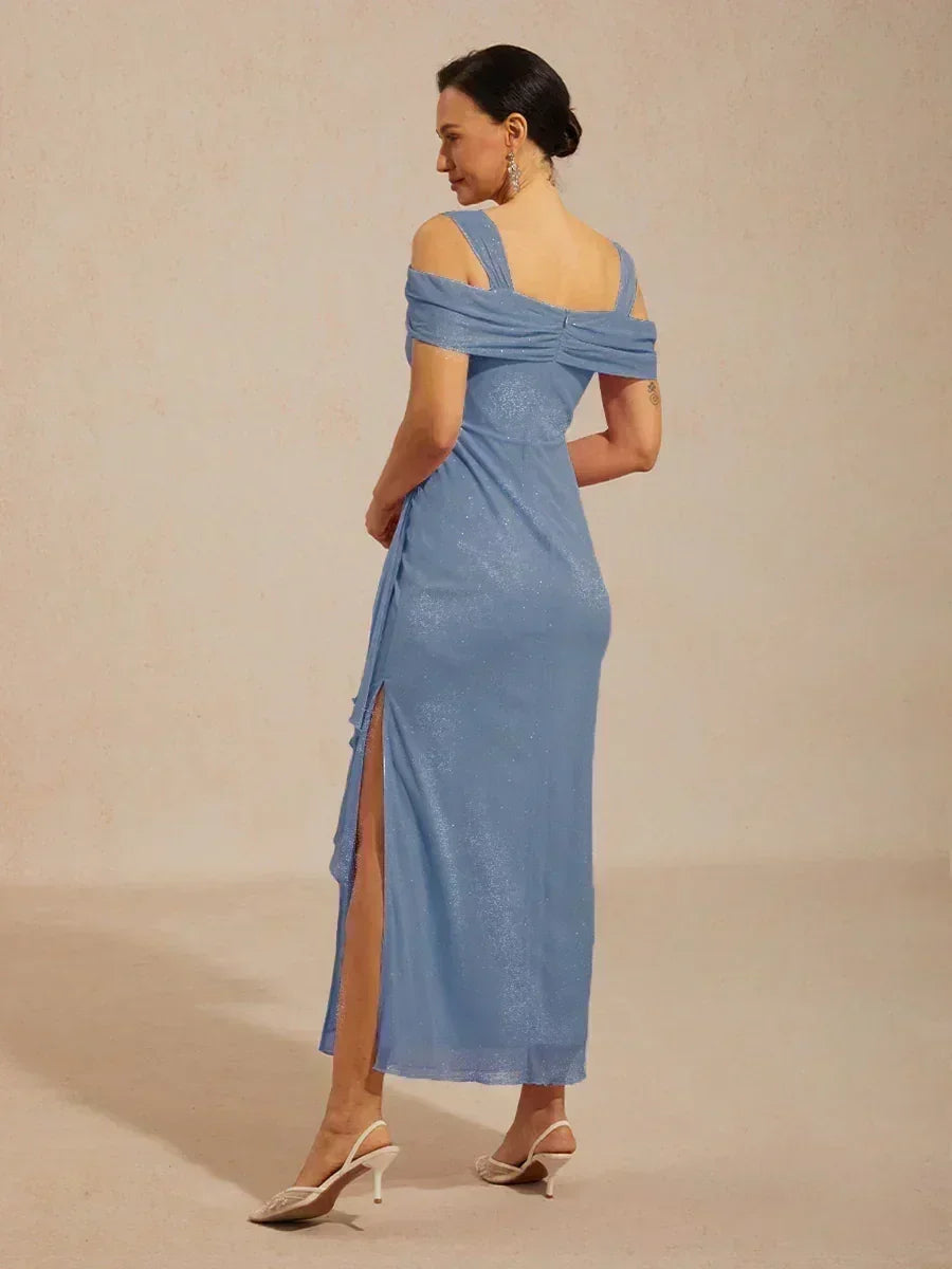 Ankle-Length Cold Shoulder Glitter Mesh Dress