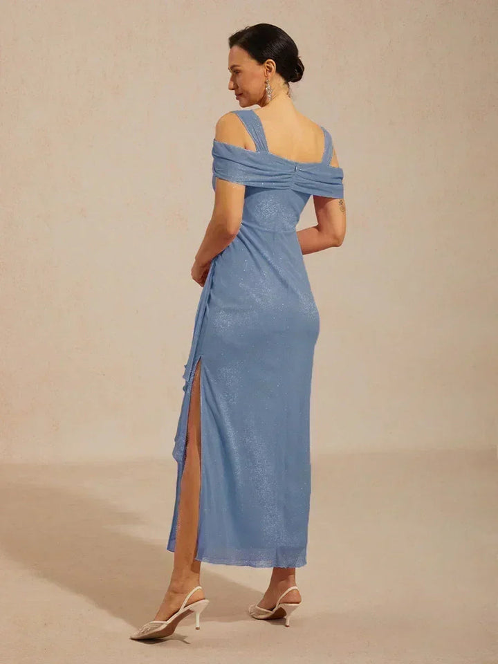 Ankle-Length Cold Shoulder Glitter Mesh Dress