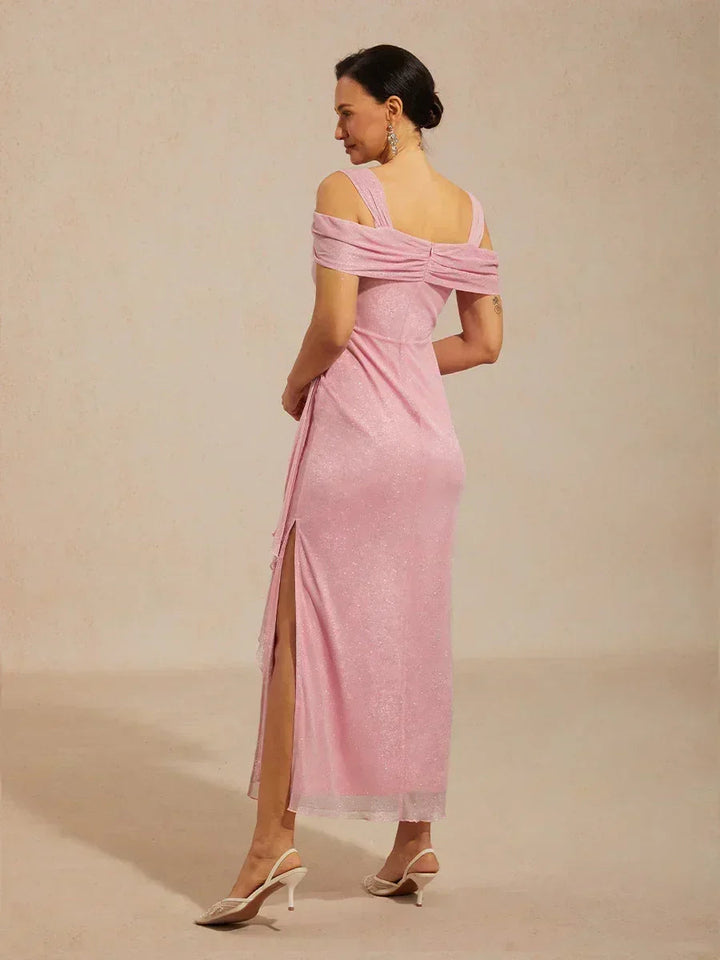 Ankle-Length Cold Shoulder Glitter Mesh Dress