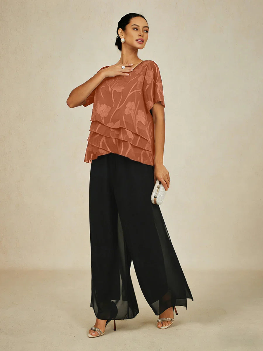 Chiffon Layered Blouse Straight Leg Pant Suits