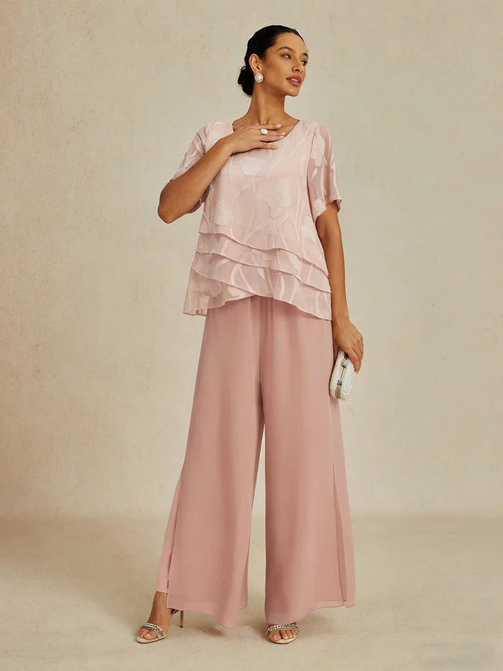 Chiffon Layered Blouse Straight Leg Pant Suits