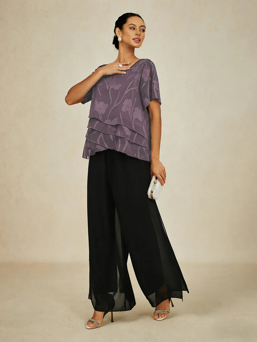 Chiffon Layered Blouse Straight Leg Pant Suits