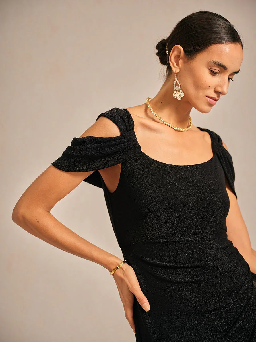 Cold Shoulder Glitter Metallic Knit Dress