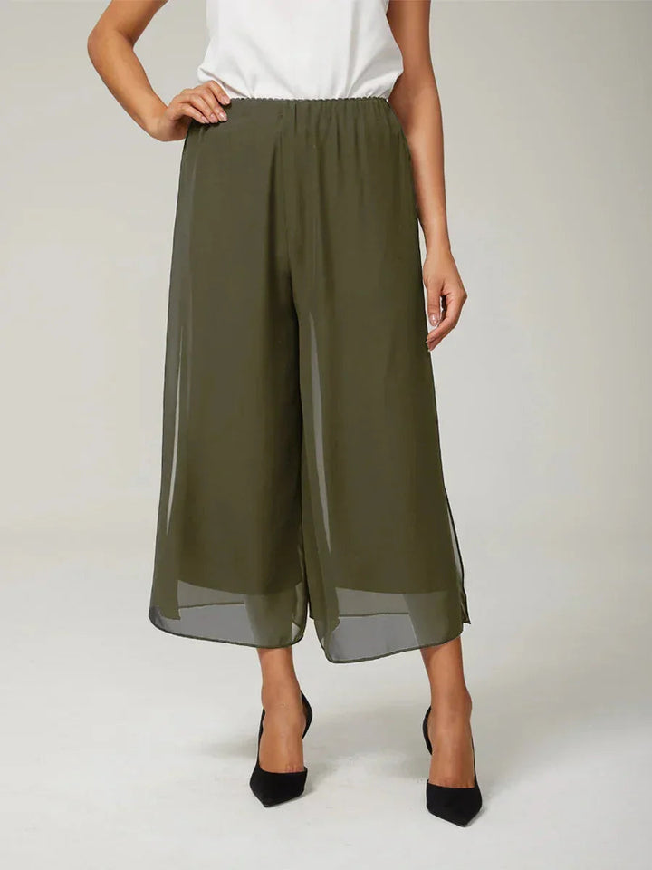 Cropped Length Straight Leg Pant With Chiffon Split Leg Overlay