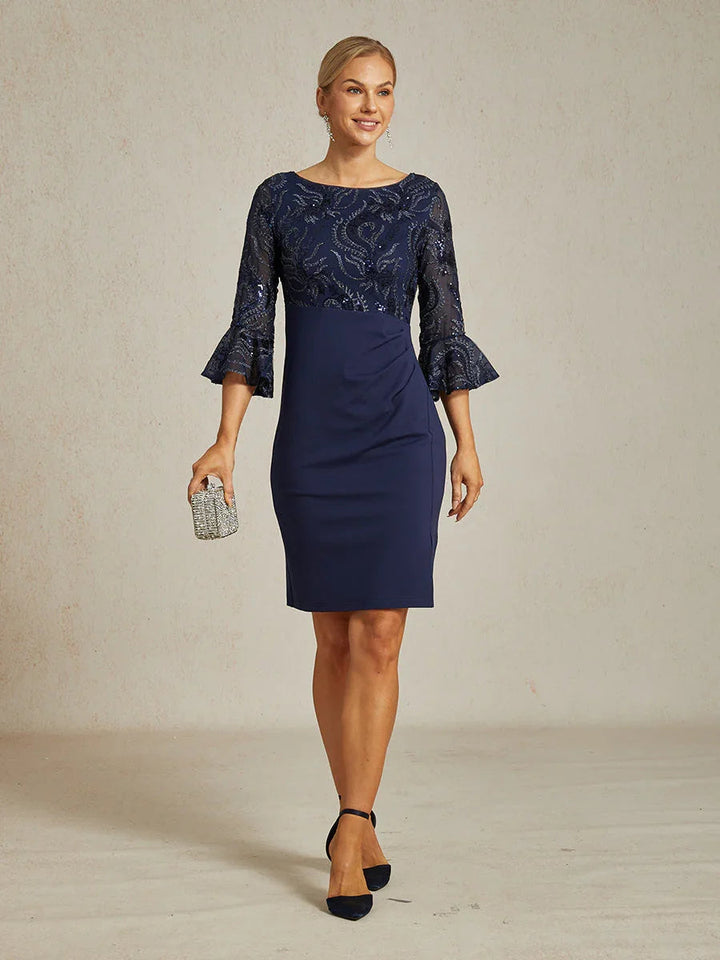 Embroidered Sequin Lace Cocktail Dress with Boat Neck and Flutter Sleeves