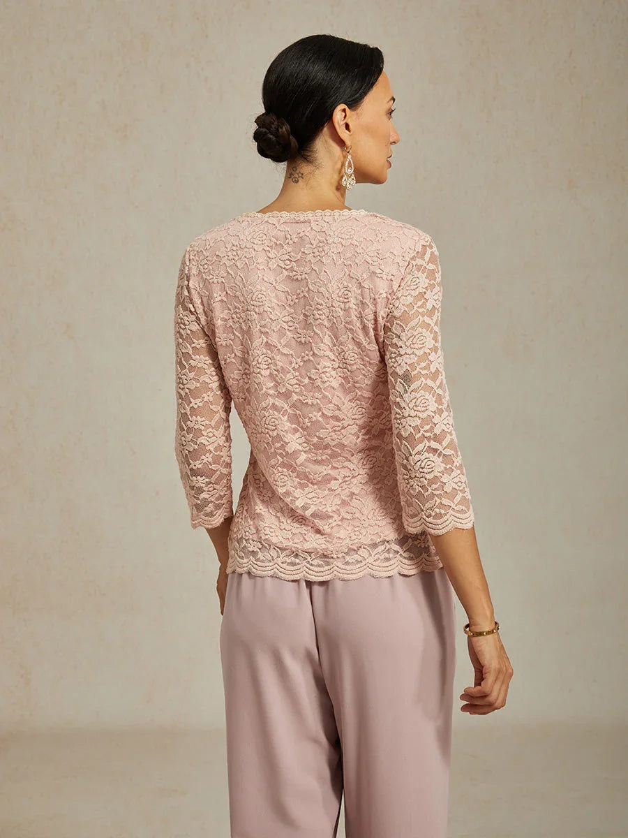 Feminine V-Neck Stretch Lace Top with Scalloped Hem