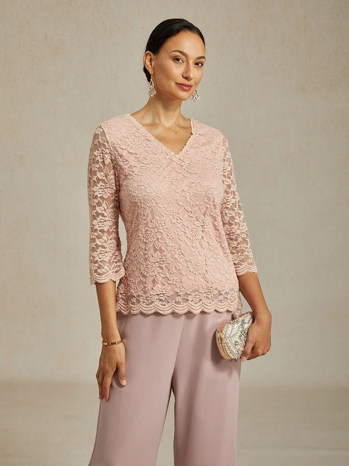 Feminine V-Neck Stretch Lace Top with Scalloped Hem