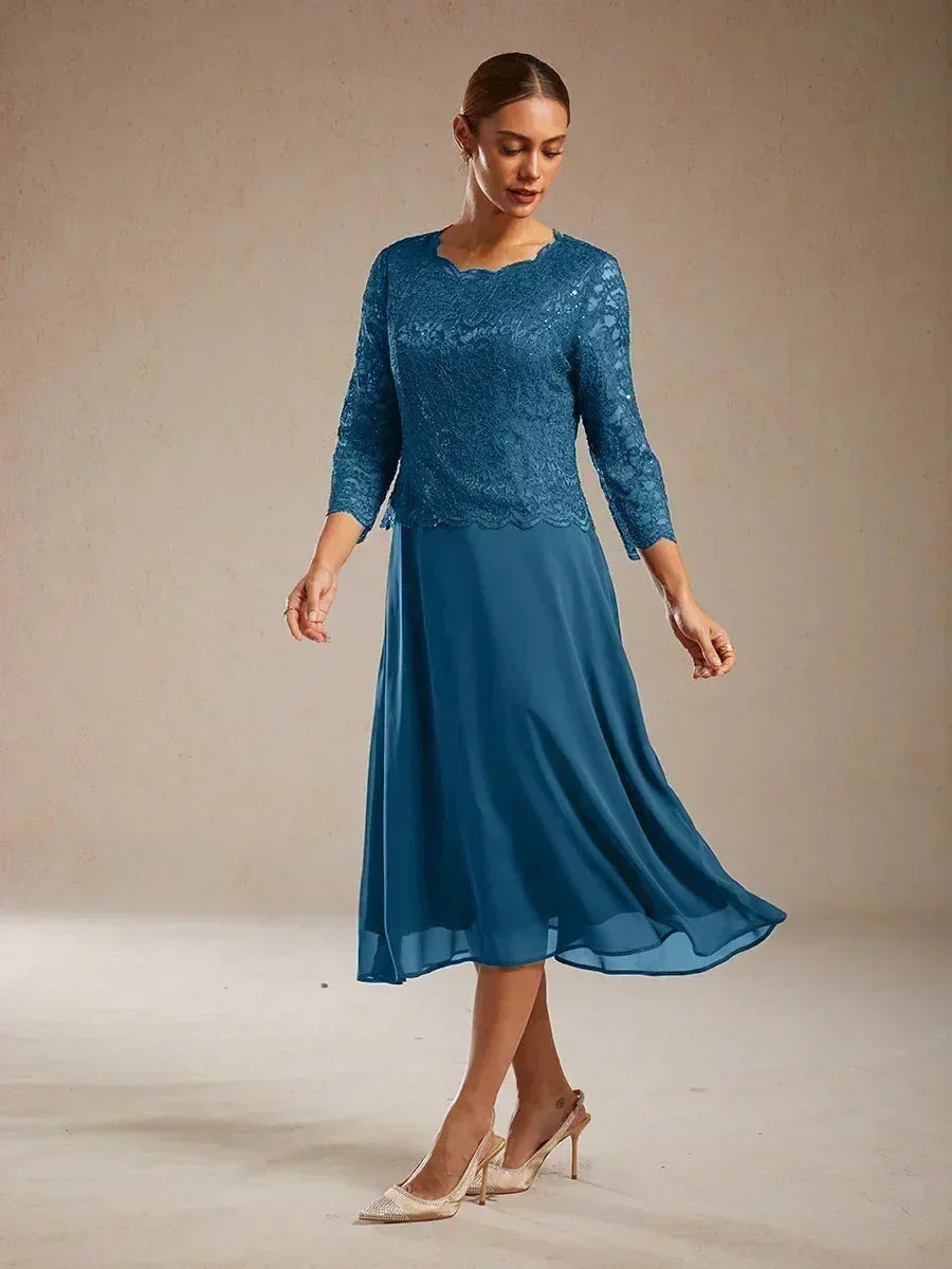 Elegant Lace and Chiffon Tea-Length Dress