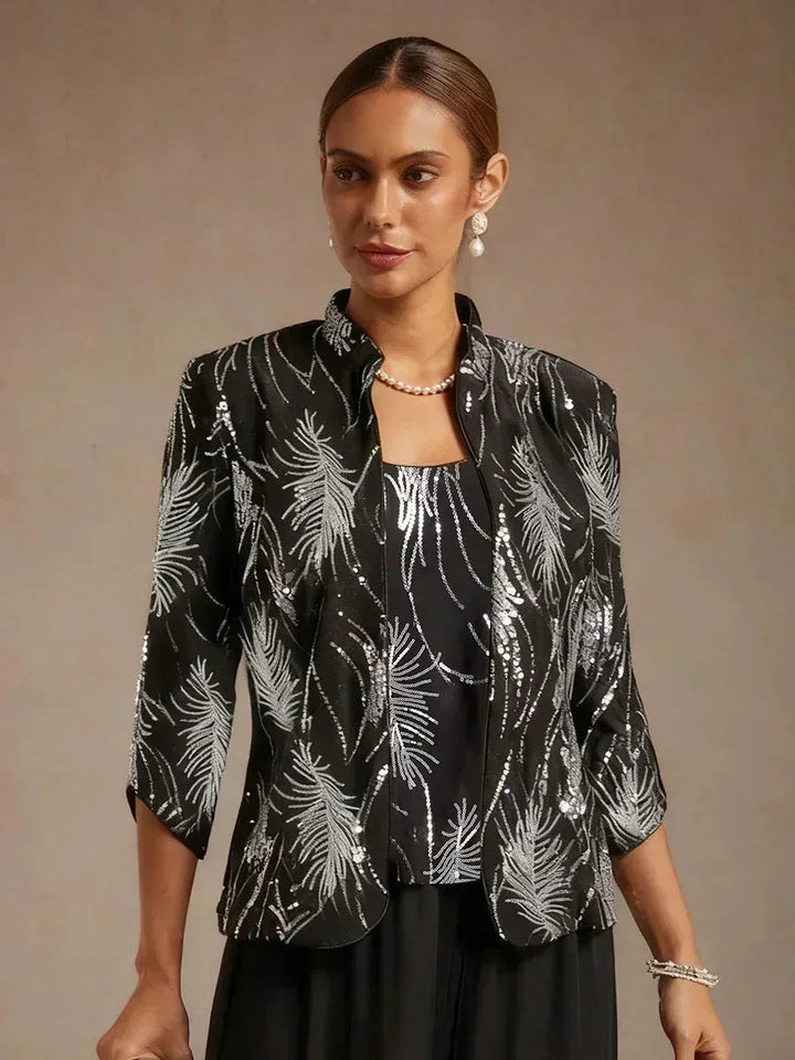 Elegant Mandarin Collar Jacket And Pants 3 Piece Sets