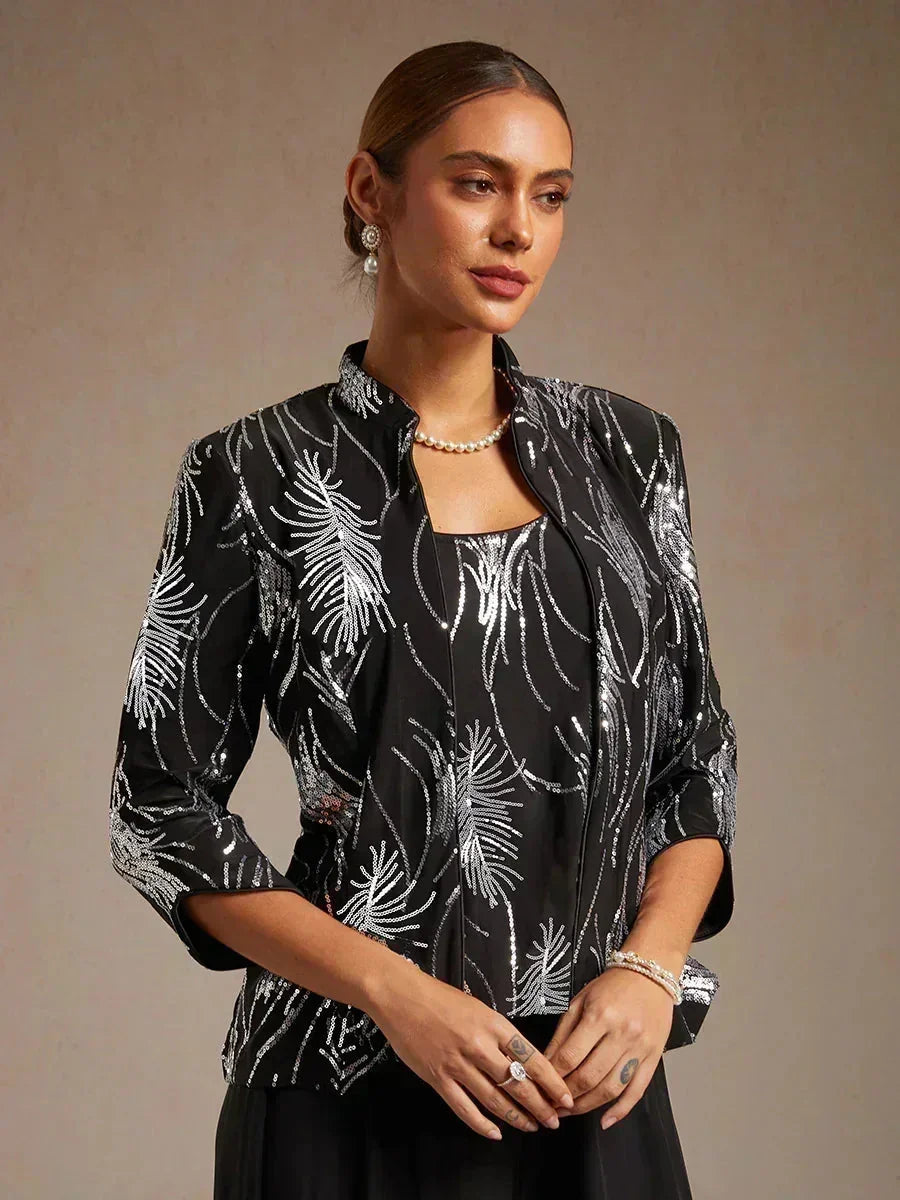 Elegant Mandarin Collar Jacket And Pants 3 Piece Sets